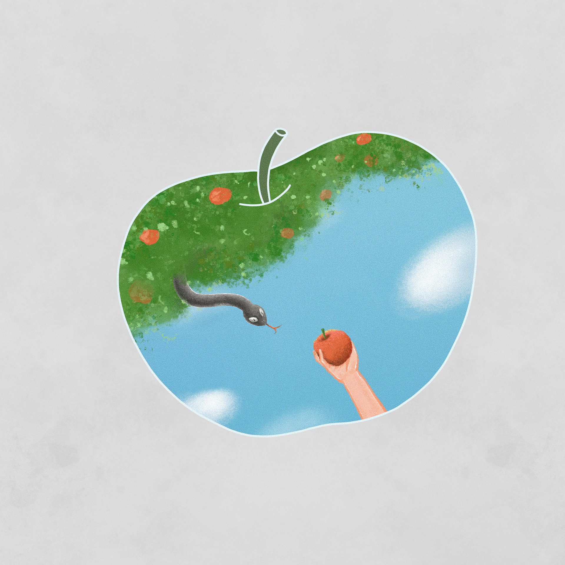 A hand reaches for an apple while a snake hovers nearby, set against a stylized green apple shape with a blue sky. This imagery illustrates temptation and choices.
