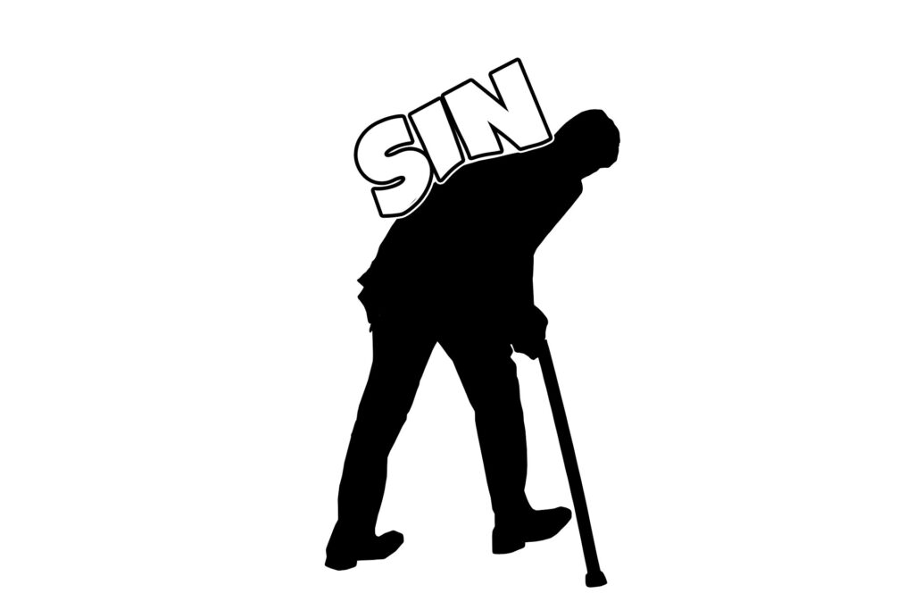 Silhouette of a man leaning on a cane, with the word "SIN" bolded and prominently displayed above him. Symbolizes moral struggle or burden.