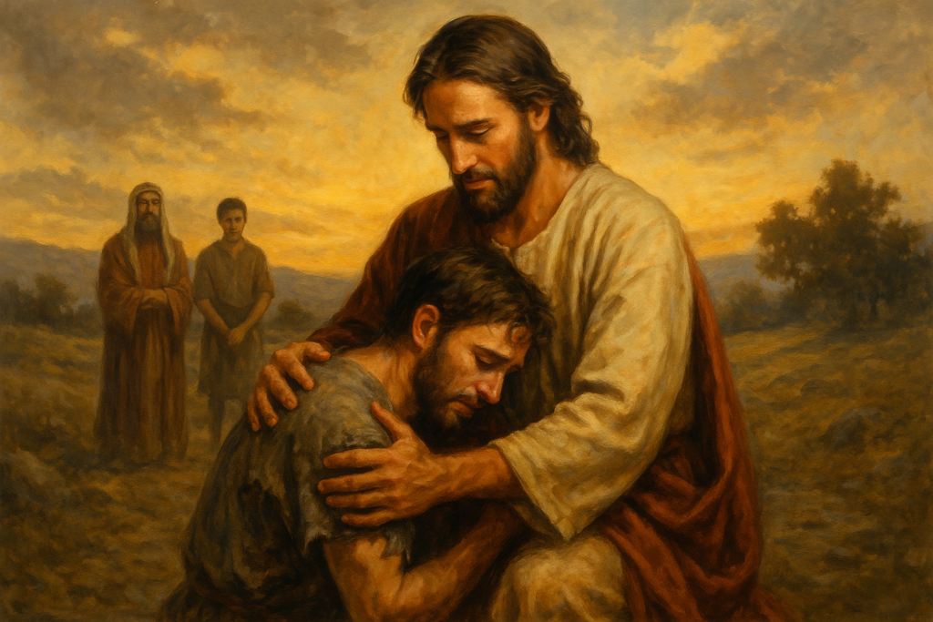Jesus embraces a sorrowful man, conveying compassion and forgiveness, while two onlookers witness the profound moment against a sunset backdrop.