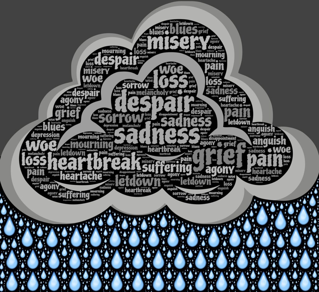 A cloud-shaped word collage featuring terms like "despair," "grief," and "heartbreak" conveys themes of sadness and emotional struggle, with raindrops below symbolizing tears.