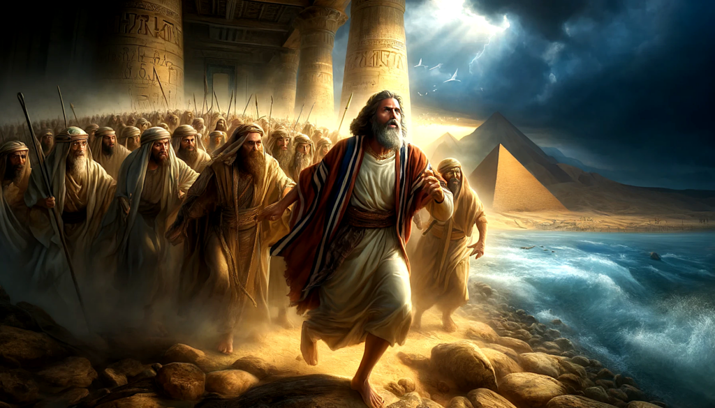 Moses leads a group of Hebrew slaves escaping from Egypt, set against a backdrop of pyramids and turbulent waters, symbolizing liberation.