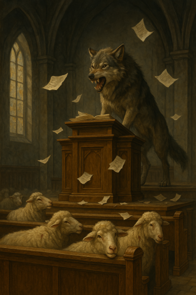 church, pulpit, wolf, bible, false teaching, captive flock, bored congregation, deception, false prophets, matthew 7 15, ravenous wolves, warning, christian, discernment, allegory