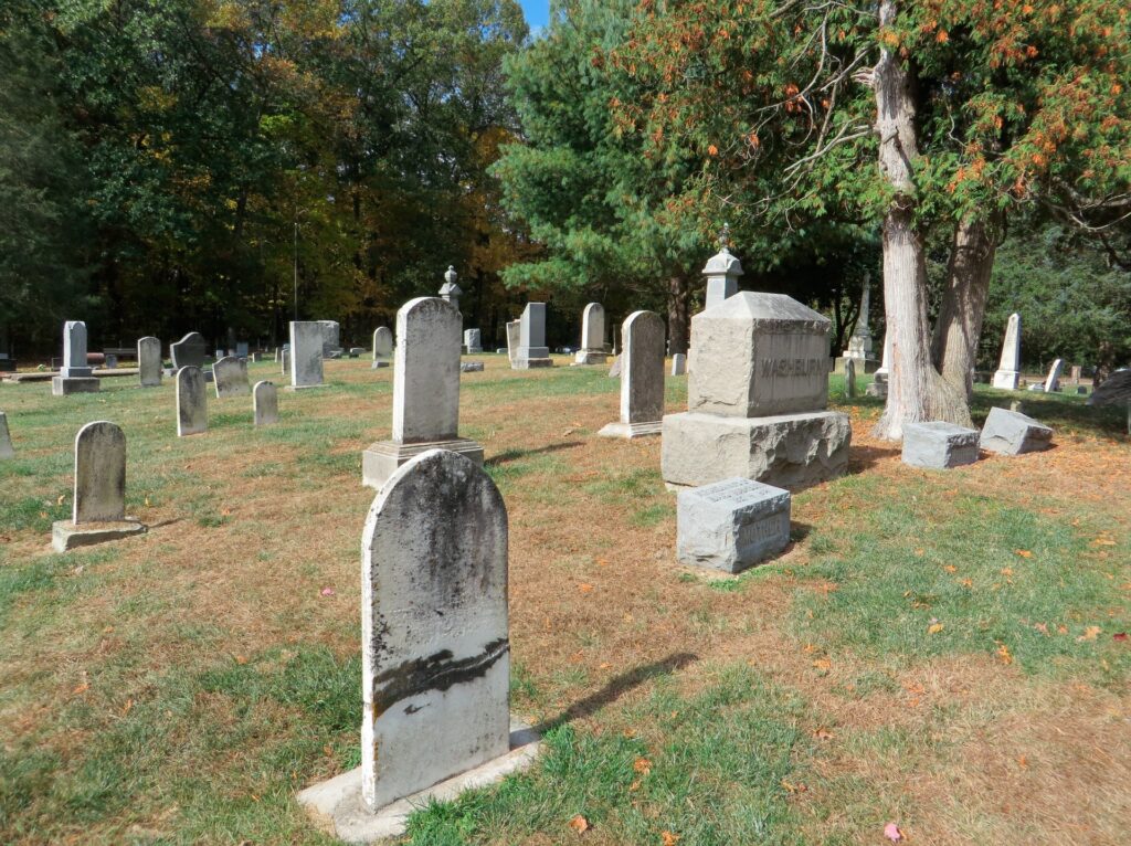 Graves marked by weathered headstones in an autumn cemetery, showcasing memorials amidst greenery and fallen leaves. Reflects historical significance.