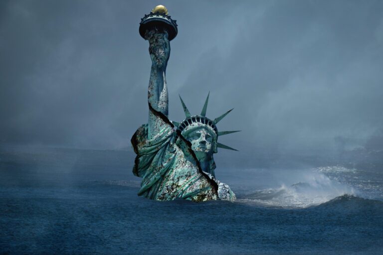 The Statue of Liberty, partially submerged and weathered, symbolizes loss and change amidst turbulent waters and dark skies.