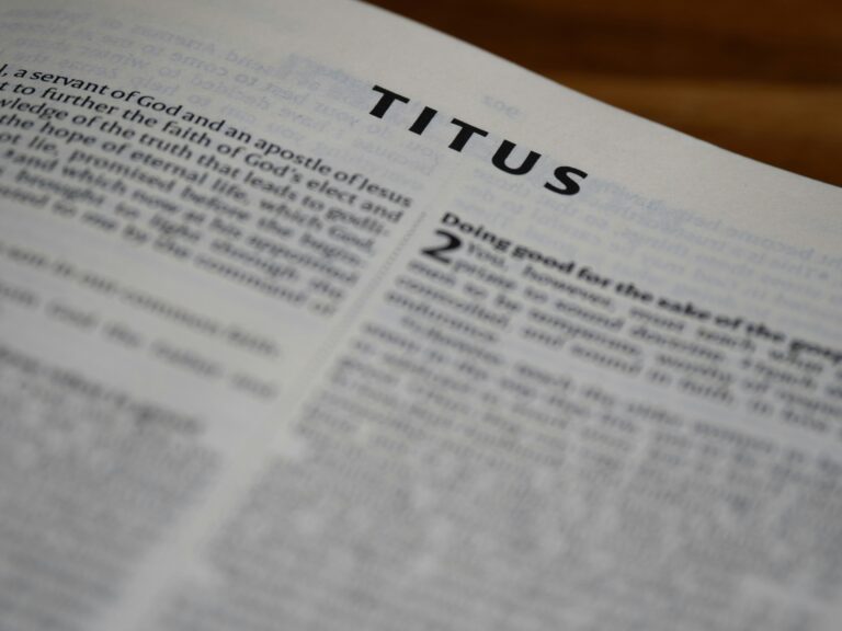 Close-up of an open Bible page, highlighting the book of Titus, focusing on the text discussing faith and good deeds. Relevant for biblical study.