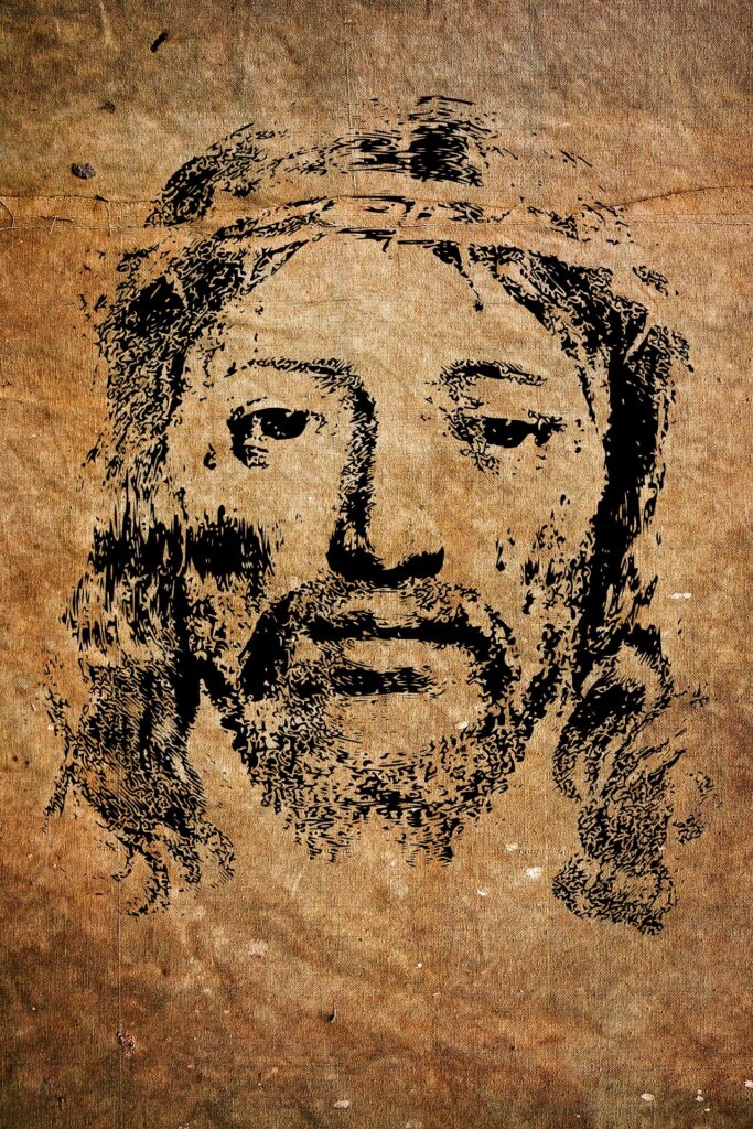 Outline of a face resembling Jesus, depicted in a faded, textured brown background. The artwork conveys a historical and religious significance.