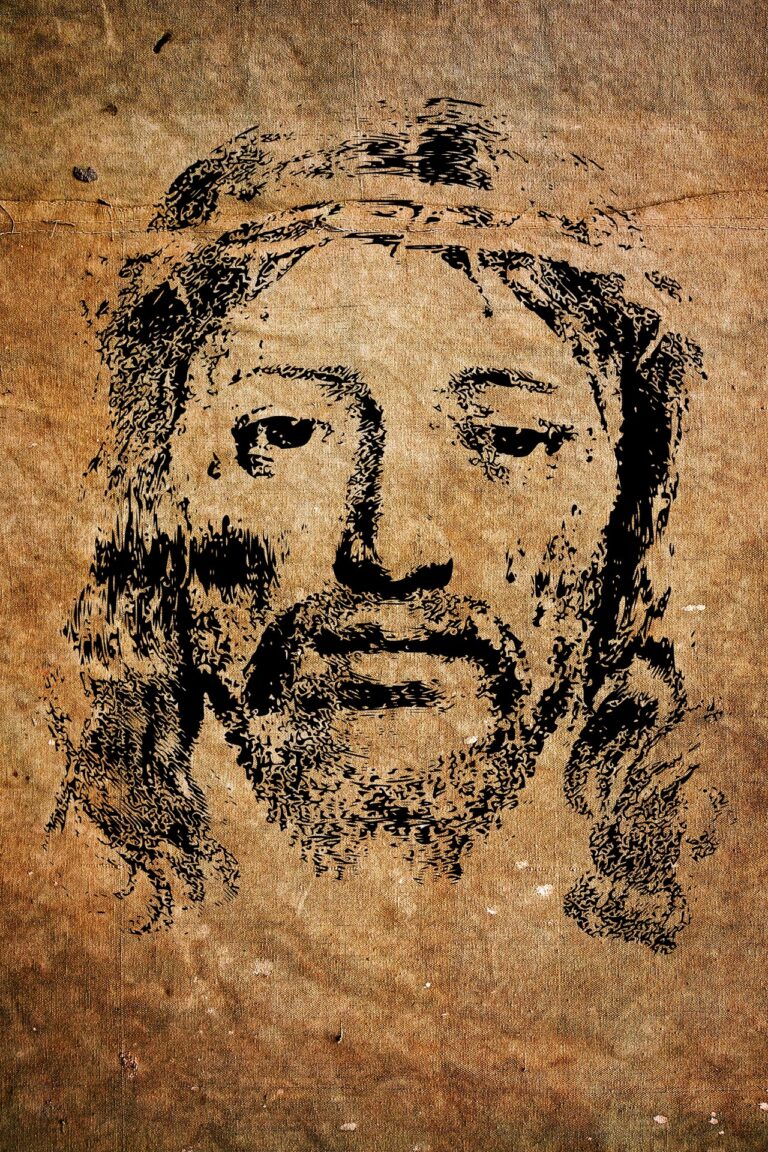 Outline of a face resembling Jesus, depicted in a faded, textured brown background. The artwork conveys a historical and religious significance.