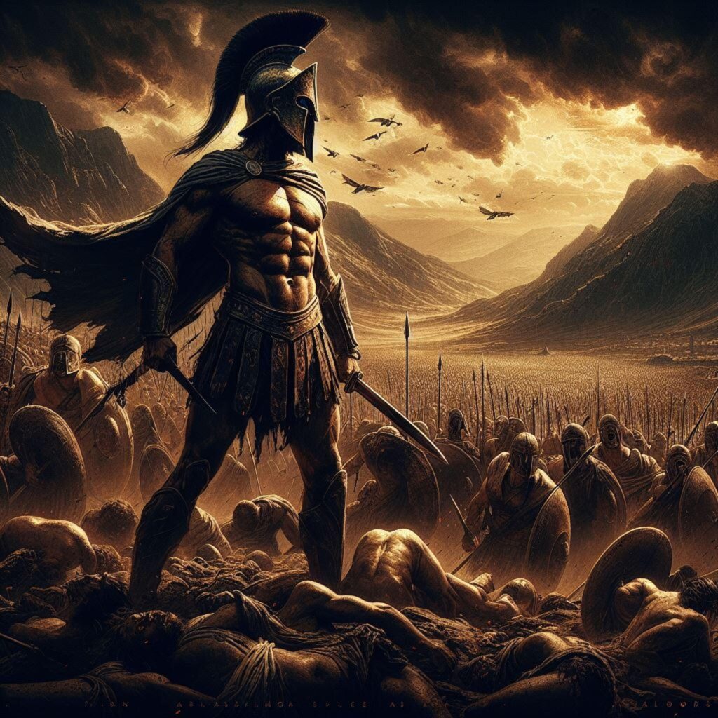A muscular warrior in armor stands prominently in a battlefield scene, surrounded by fallen soldiers and distant mountains, evoking themes of valor and conflict.