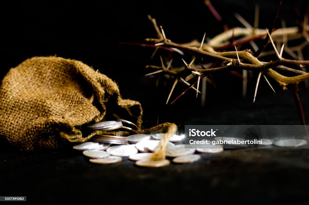sack with the thirty silver coins biblical symbol of the betrayal of judas