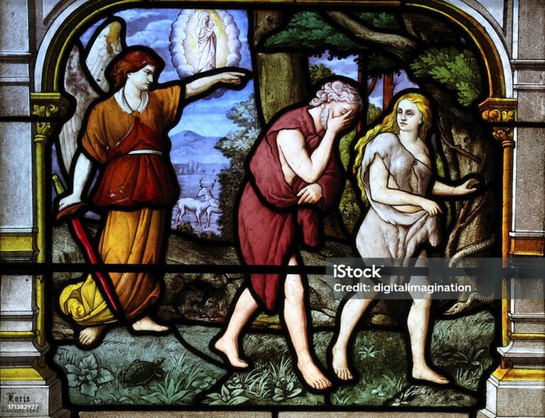 "Detail of a stained glass window form 1887 of the church Siant Aignan, Chartres. The window is made by Charles Lorin (1874 - 1940) the owner of a famous stained glass company. The window shows scenes of the old testament. In this part of the window are Adam and Eve banished from the Garden of Eden."