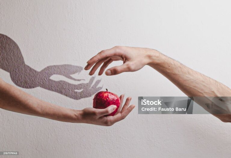 Two hands are extended: the woman's hand offers a red apple to the man's hand. The shadow cast by his hand shows a snake instead of the apple. Genesis 3:1-6 Eve, Adam, Lilith. The original sin.
