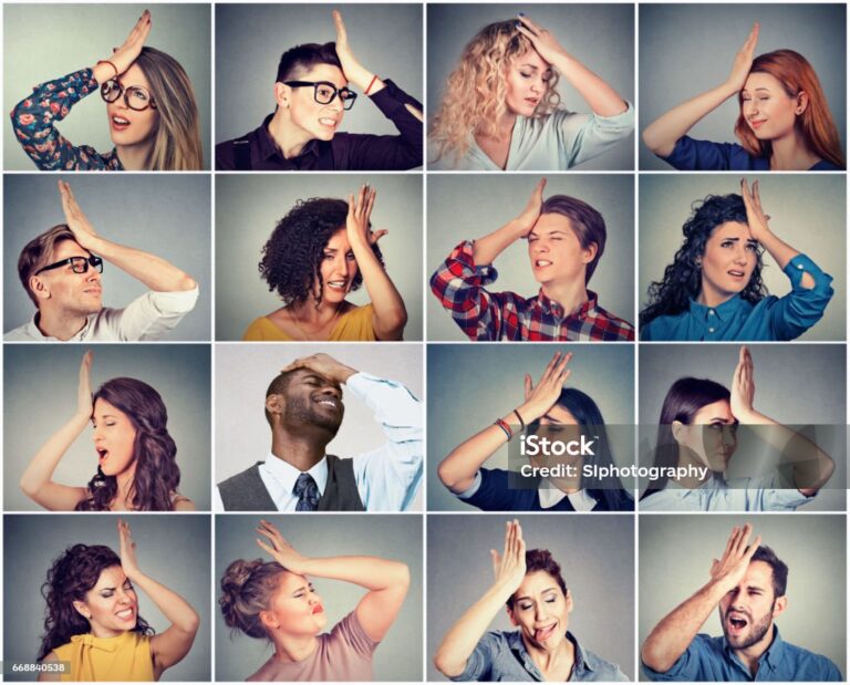 Regrets wrong doing. Multiethnic group of young people men and women slapping hand on head having duh moment. Negative human emotion facial expression feeling reaction