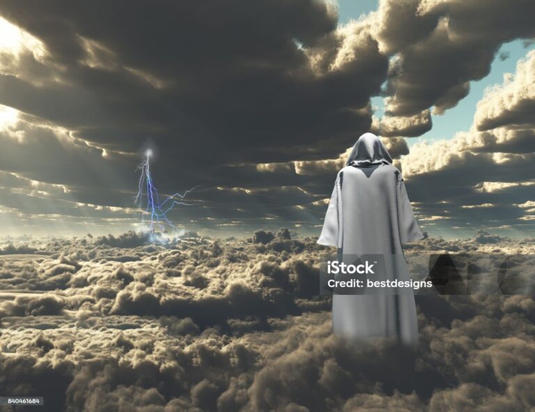 Figure in cloak stands on field of clouds.