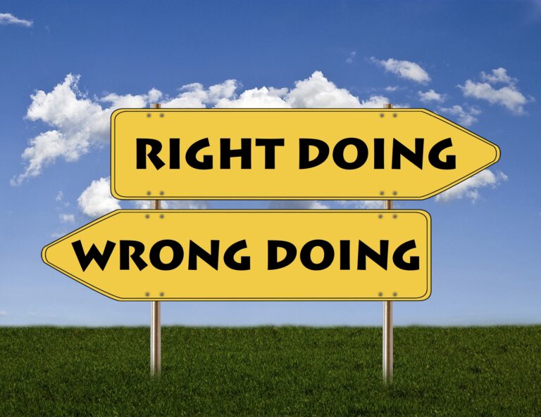 Yellow directional signs display "RIGHT DOING" and "WRONG DOING," symbolizing choices in ethics or morality against a blue sky and green field.