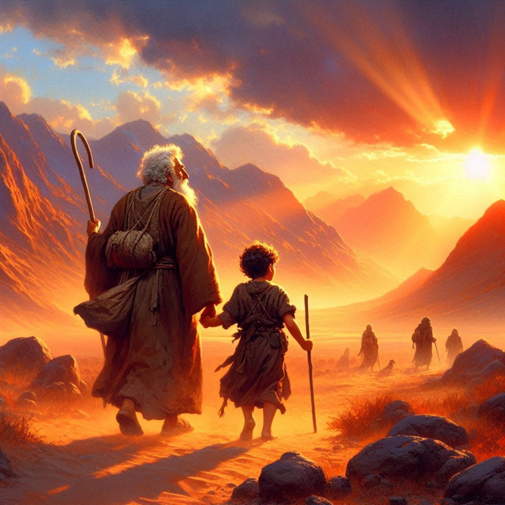 Elderly man holds hands with a young boy, walking towards a vibrant sunset in a mountainous landscape, symbolizing guidance and hope.