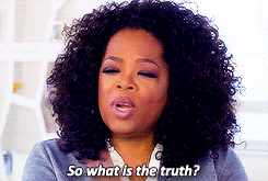 Oprah Winfrey speaks thoughtfully, asking, "So what is the truth?" This image highlights her role in discussions about honesty and insight.