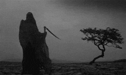 A cloaked figure wielding a scythe stands against a dark, barren landscape with a solitary tree, creating a somber, eerie atmosphere.
