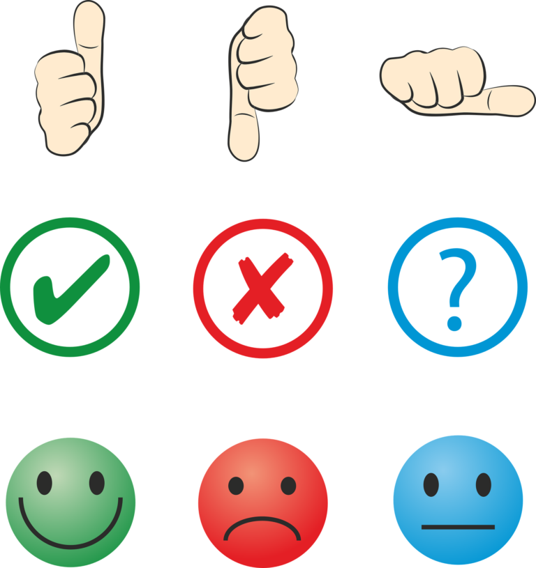 Thumbs up and down, a check mark, cross, and emoticons convey approval, disapproval, uncertainty, happiness, and sadness, illustrating user feedback.