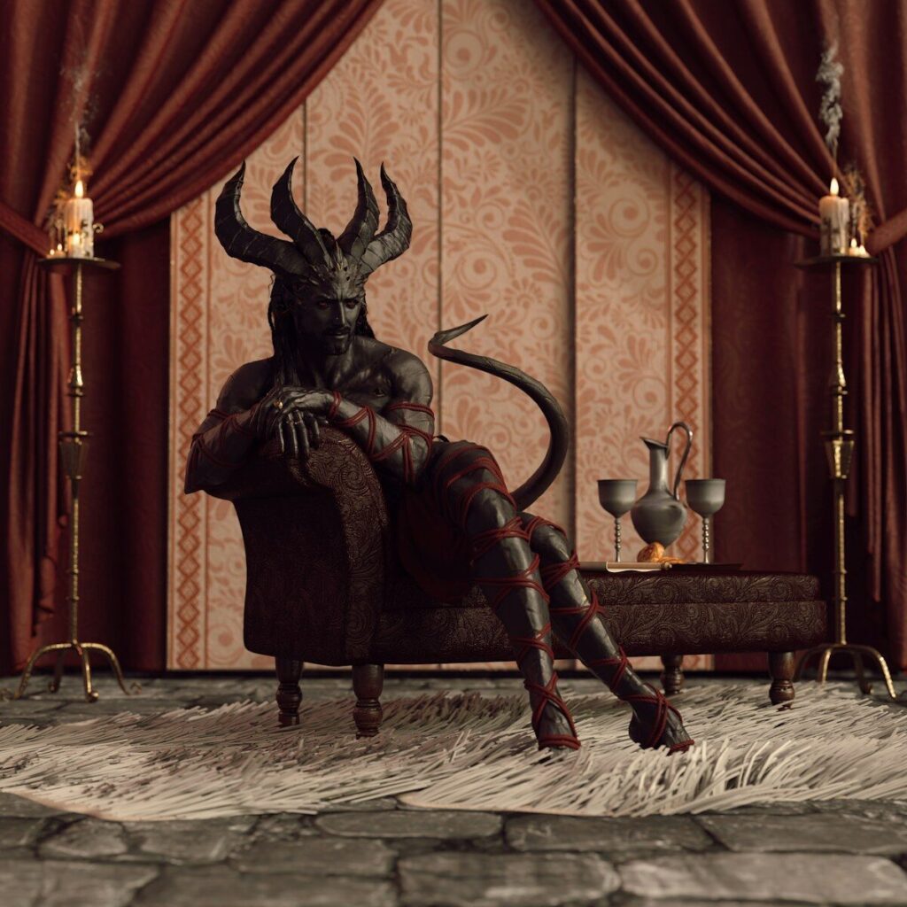 Dark horned figure relaxes in a luxurious, candlelit chamber